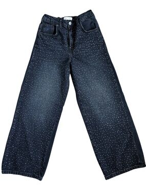 Zara Girls Wide Leg Rhinestone Jeans Size 11-12Y Dark Wash Sparkly Denim Pants